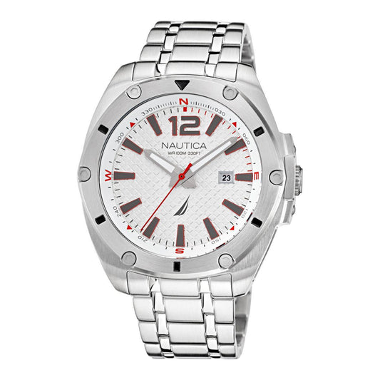 Nautica NAPTCS221 watch for man with a white dial and stainless steel strap.