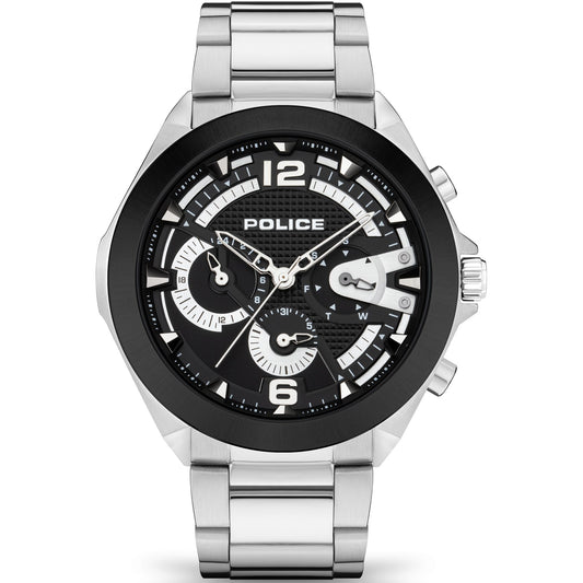 Police PEWJK2108741 watch for man with a black dial and stainless steel strap.