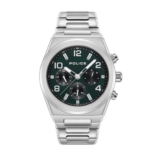Police PEWJK2226703 watch for man with a green dial and stainless steel strap.