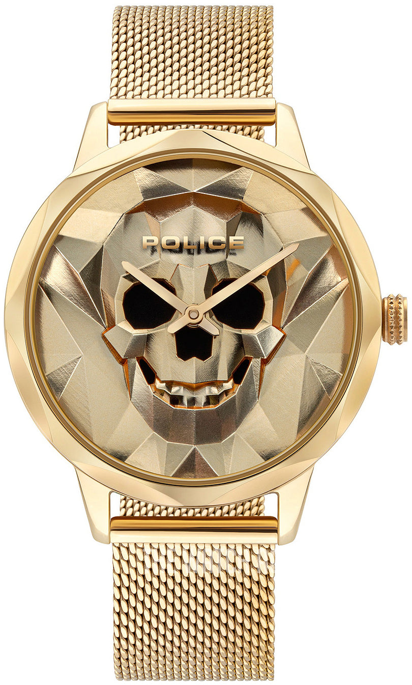 Police PL16074MSG-22MM watch for women with a golden dial and stainless steel strap.