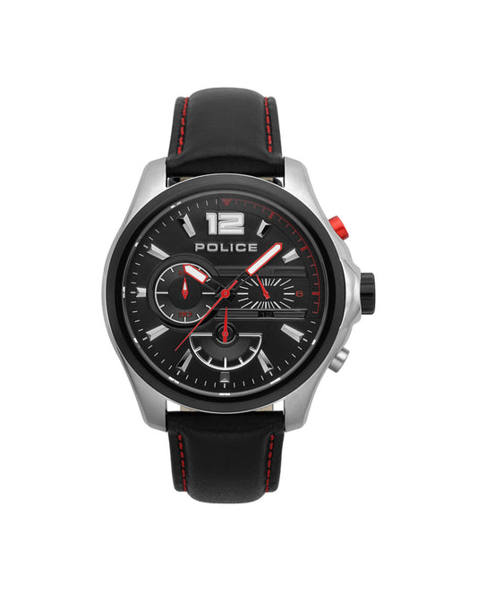 Police R1471294003 watch for man with a black dial and leather strap.