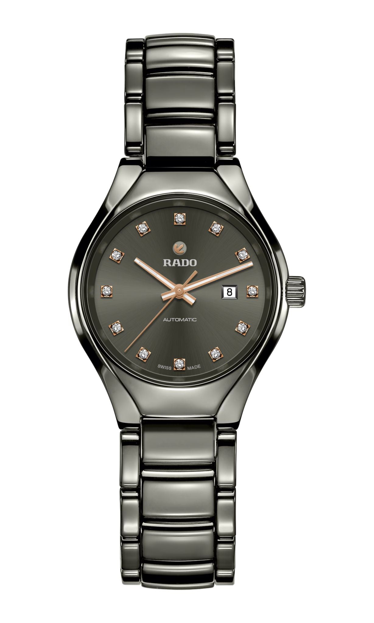 Rado R27243732 watch for woman with a black dial and stainless steel strap.