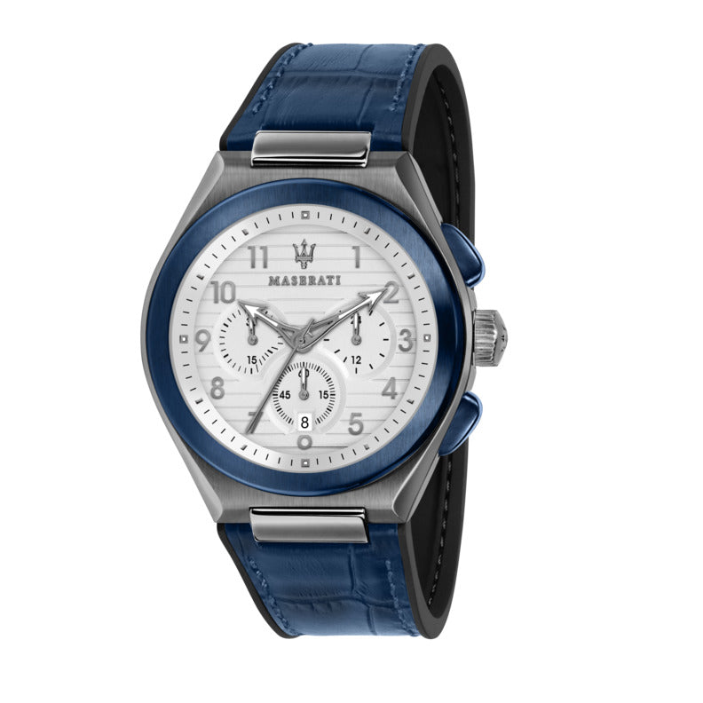 Maserati R8871639001 watch for man with a white dial and fur strap.