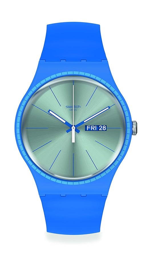 Swatch SUON714 watch for man with a blue dial and plastic strap.