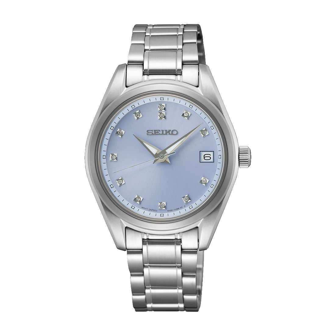 Seiko SUR581P1 watch for women with a purple dial and stainless steel strap.