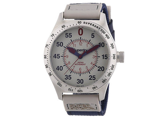 Superdry SYG122E watch for man with a white dial and cloth strap.