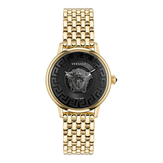 Versace VE6F00523 watch for unisex with a black dial and stainless steel strap.