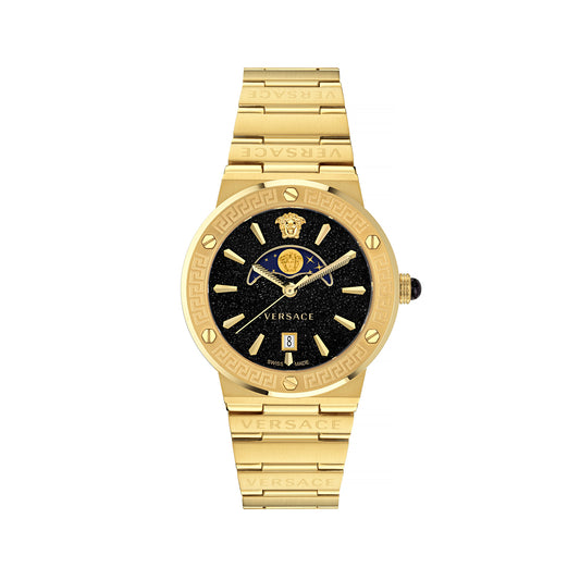 Versace VE7G00323 watch for man with a black dial and stainless steel strap.