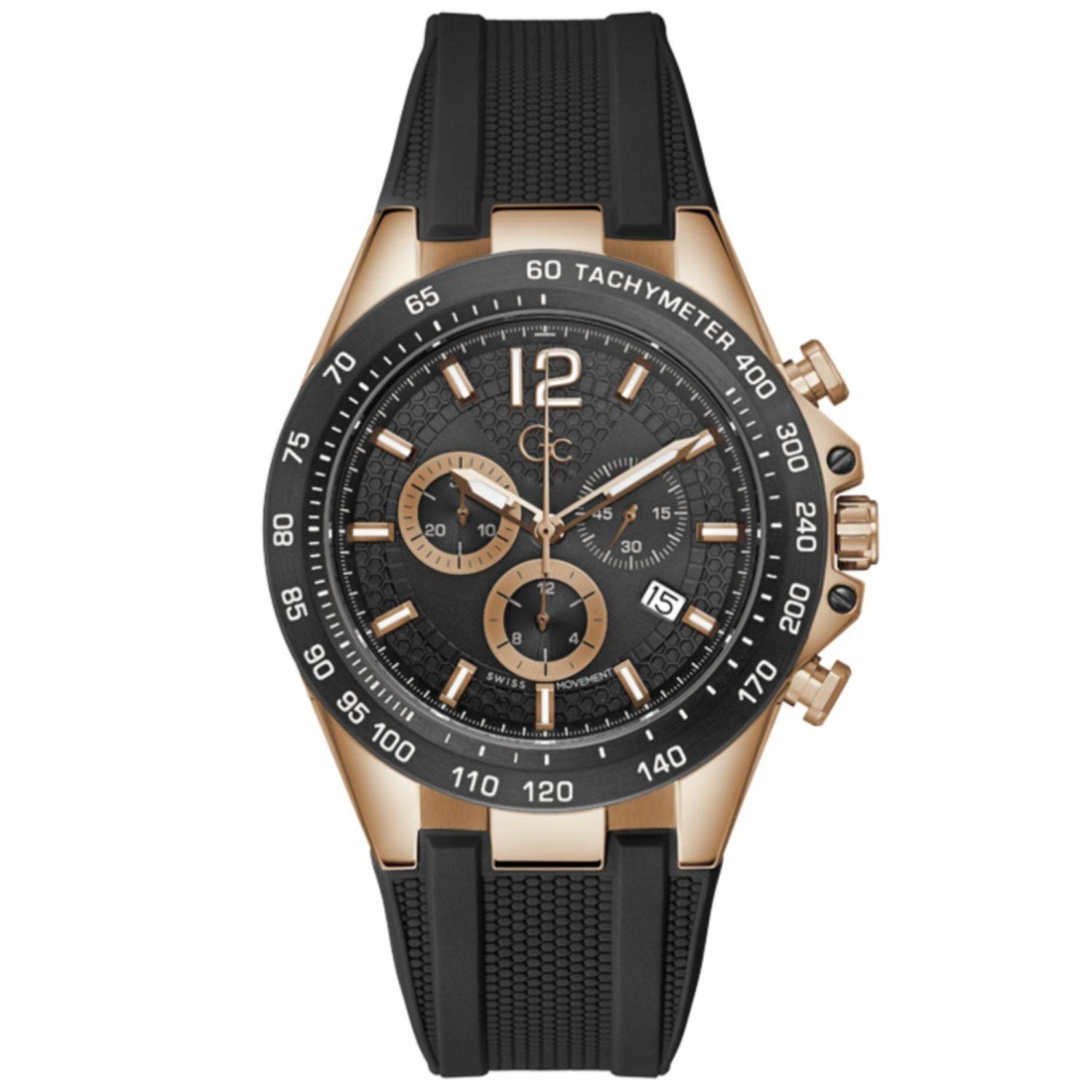 Gc Z07002G2MF watch for man with a black dial and silicone strap.